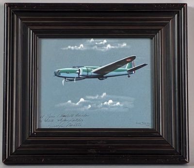 a picture of a painting of a plane flying in the sky