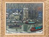 an oil painting of boats on a river with a castle in the background