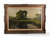 tableau représentant un paysage avec une rivière et des arbres, dans un cadre doré
