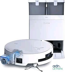 an image of a robotic vacuum cleaner and a dispenser