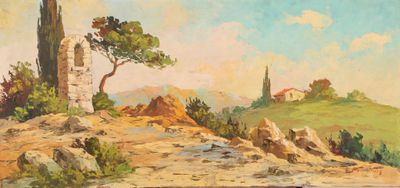 a painting of a tree on a hill with a building in the background