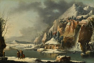 une image représentant un tableau d'un paysage enneigé avec des personnes sur la rive