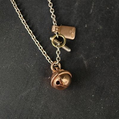 un gros plan d'un collier avec une clochette suspendue à une chaîne