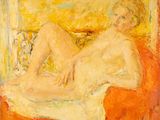 un tableau représentant une femme nue assise sur un canapé