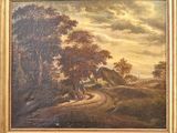 une peinture à l'huile représentant une route de campagne avec une maison au loin