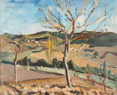 l'image d'un tableau représentant un arbre au milieu d'un champ