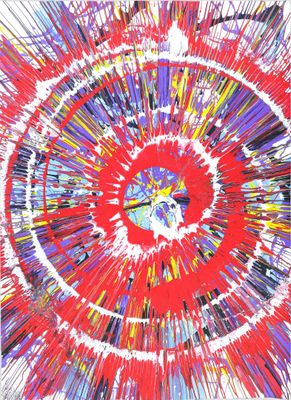 a painting of a red and blue flower with a white background