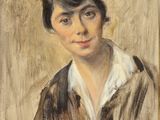 an image of a painting of a woman in a brown jacket