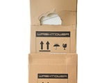 two cardboard boxes stacked on top of each other on a white background