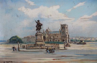 un tableau représentant un grand bâtiment surmonté d'une statue