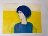 une peinture à l'huile représentant une femme aux cheveux bleus dans un champ jaune