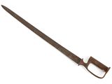 a close up of a knife with a wooden handle on a white background