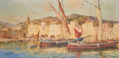 une peinture de bateaux dans un port avec des bâtiments à l'arrière-plan