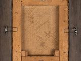 an old picture of a wooden frame with a picture in it