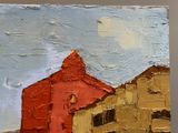 une peinture représentant un bâtiment rouge et jaune sur fond de ciel bleu