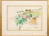 une image représentant une aquarelle d'une maison et d'arbres
