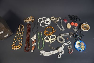 many different necklaces and bracelets laid out on a table