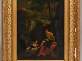 an oil painting of a man and a woman in a wooded setting