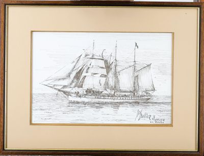 dessin d'un bateau encadré posé sur une table