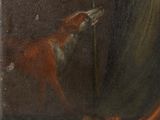 an oil painting of a woman and a dog in a dark room