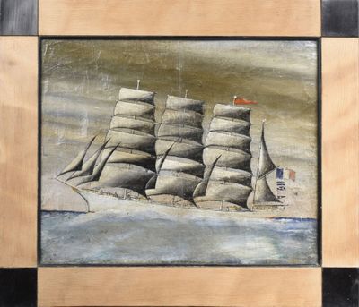 une peinture à l'huile représentant un grand voilier en mer, arborant un drapeau