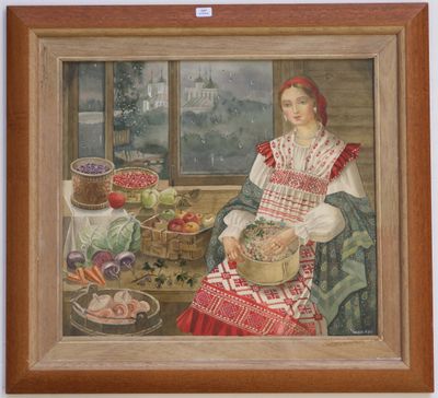 a painting of a woman holding a basket of vegetables