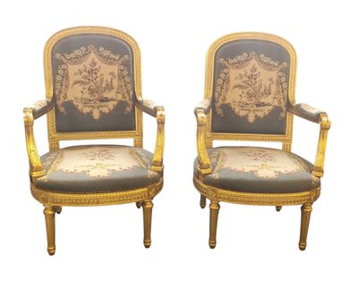 pair of louis xvi style armchairs with tapestry upholstered seats