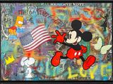 painting of mickey mouse with american flag in front of graffiti wall