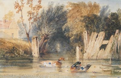 a painting of ducks swimming in a river with a house in the background