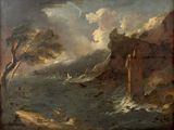 an image of a painting of a man standing on a boat in the water
