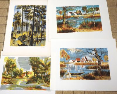 four paintings of different landscapes are displayed on a tile floor
