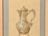 painting of a silver and gold vase on a beige background
