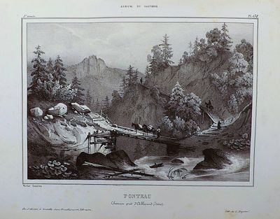 a black and white drawing of a bridge over a river