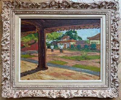 an oil painting of a patio with a view of a house
