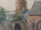 painting of an old building with a clock tower in the background