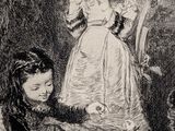 an old picture of a woman and a child sitting in a bed