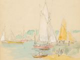 un dessin représentant des bateaux sur l'eau près d'une rive