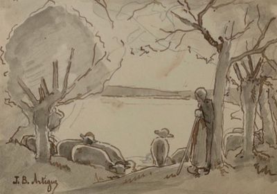 a drawing of a man and a cow in a field