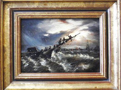 a painting of a ship in the middle of the ocean
