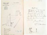 un vieux livre sur lequel figure le dessin d'un homme et d'un chien