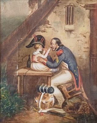 tableau représentant un homme et une femme assis à une table, avec un chien devant eux
