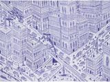 drawing of an aerial view of a city with lots of tall buildings
