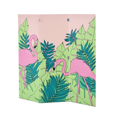 un paravent rose et vert orné de flamants roses et de feuilles de palmier