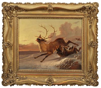une peinture à l'huile représentant un renne courant dans la neige