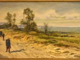 a painting of a group of people walking down a dirt road