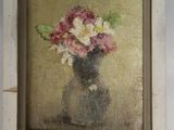 a painting of flowers in a vase on the wall