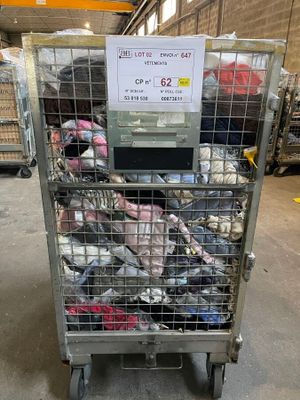 a cart with a lot of shoes in it in a warehouse