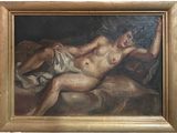 an oil painting of a nude woman laying on a bed
