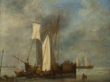 a painting of a boat on the water with other boats in the background