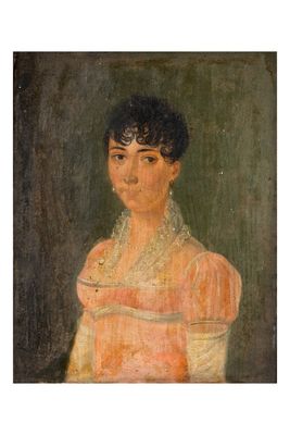 un vieux tableau représentant une femme en robe rose